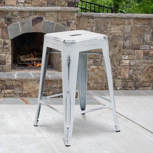 Alt view image 8 of 12 - Commercial Grade 24" High Backless Distressed White Metal Indoor-Outdoor Counter Height Stool