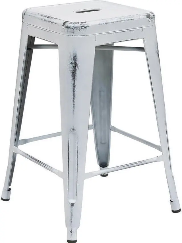 Alt view image 9 of 12 - Commercial Grade 24" High Backless Distressed White Metal Indoor-Outdoor Counter Height Stool