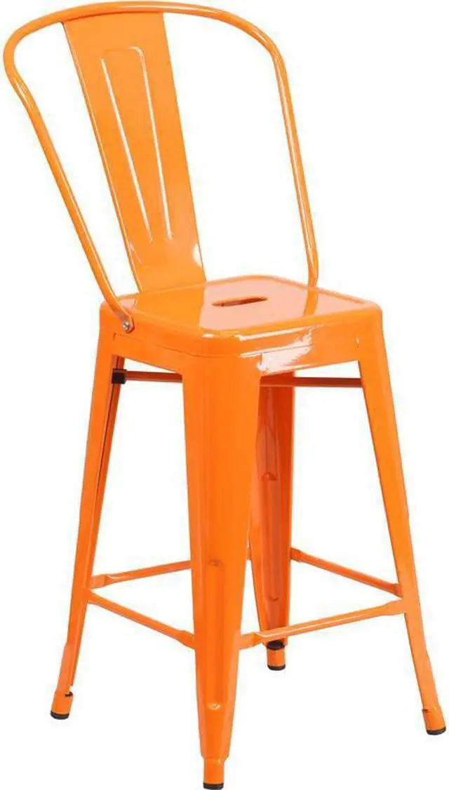 Alt view image 12 of 19 - Commercial Grade 24" High Orange Metal Indoor-Outdoor Counter Height Stool with Removable Back