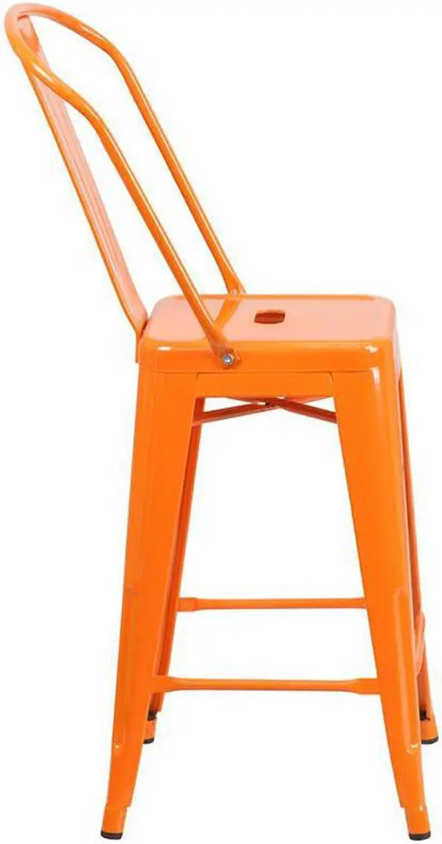 Alt view image 13 of 19 - Commercial Grade 24" High Orange Metal Indoor-Outdoor Counter Height Stool with Removable Back