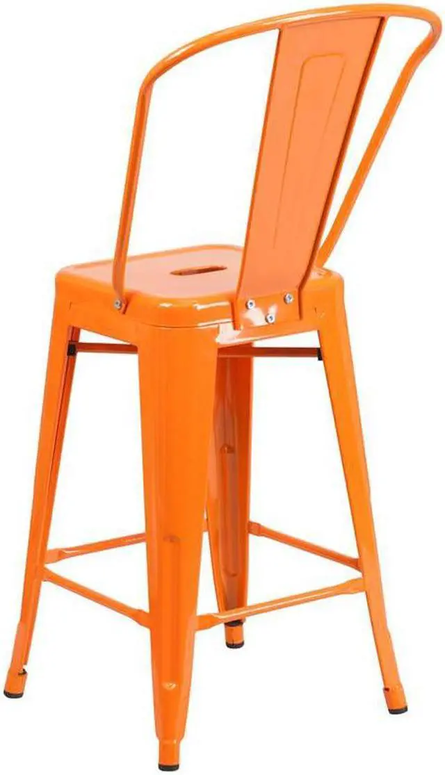 Alt view image 14 of 19 - Commercial Grade 24" High Orange Metal Indoor-Outdoor Counter Height Stool with Removable Back