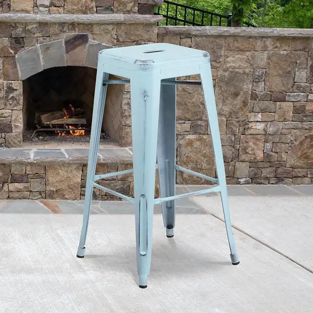 Alt view image 8 of 12 - Commercial Grade 30" High Backless Distressed Green-Blue Metal Indoor-Outdoor Barstool