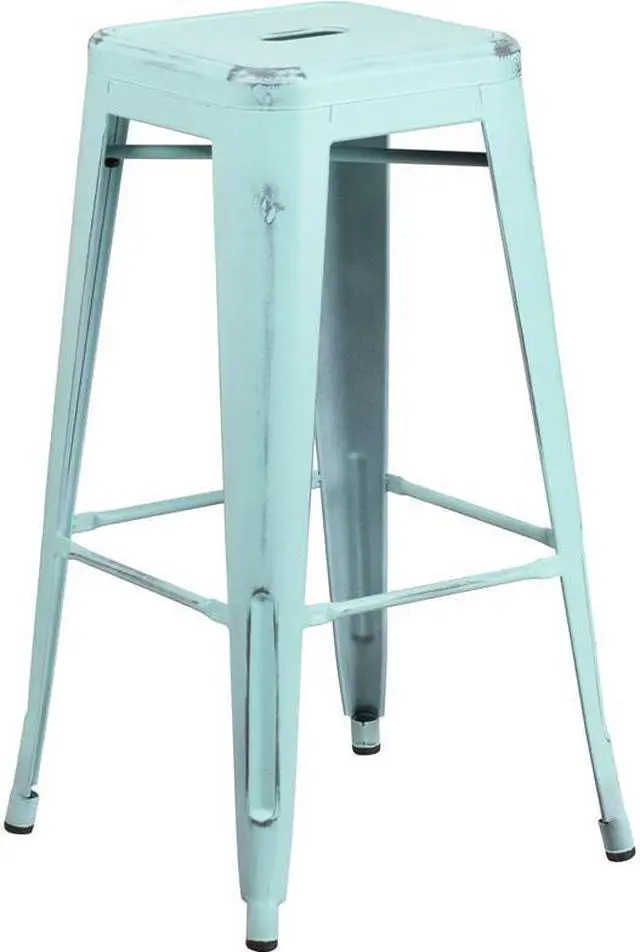 Alt view image 9 of 12 - Commercial Grade 30" High Backless Distressed Green-Blue Metal Indoor-Outdoor Barstool