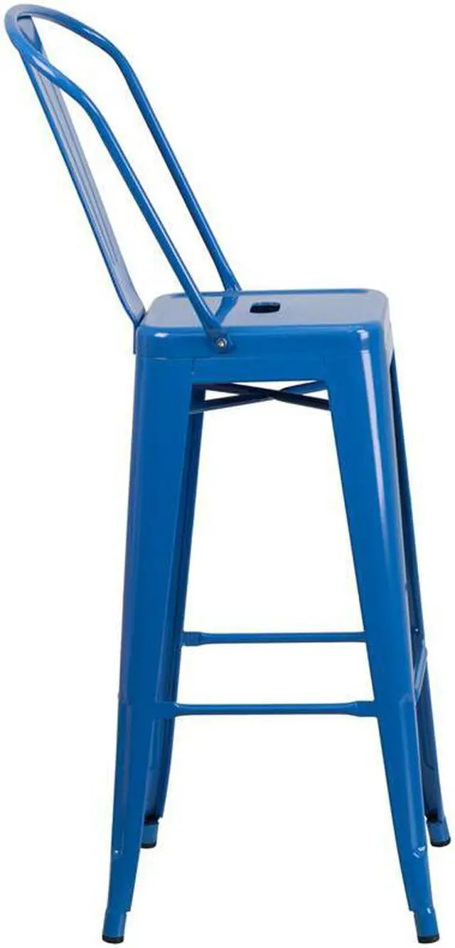 Alt view image 9 of 15 - Commercial Grade 30" High Blue Metal Indoor-Outdoor Barstool with Removable Back