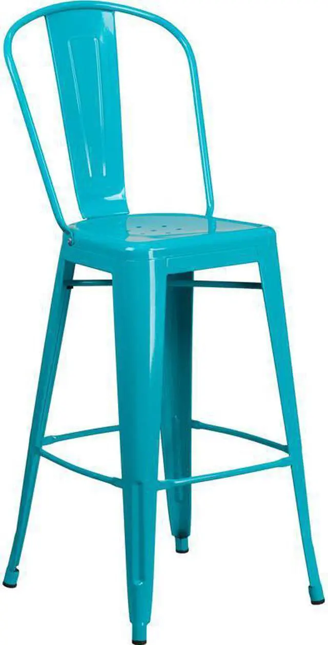 Alt view image 17 of 20 - Commercial Grade 30" High Crystal Teal-Blue Metal Indoor-Outdoor Barstool with Back