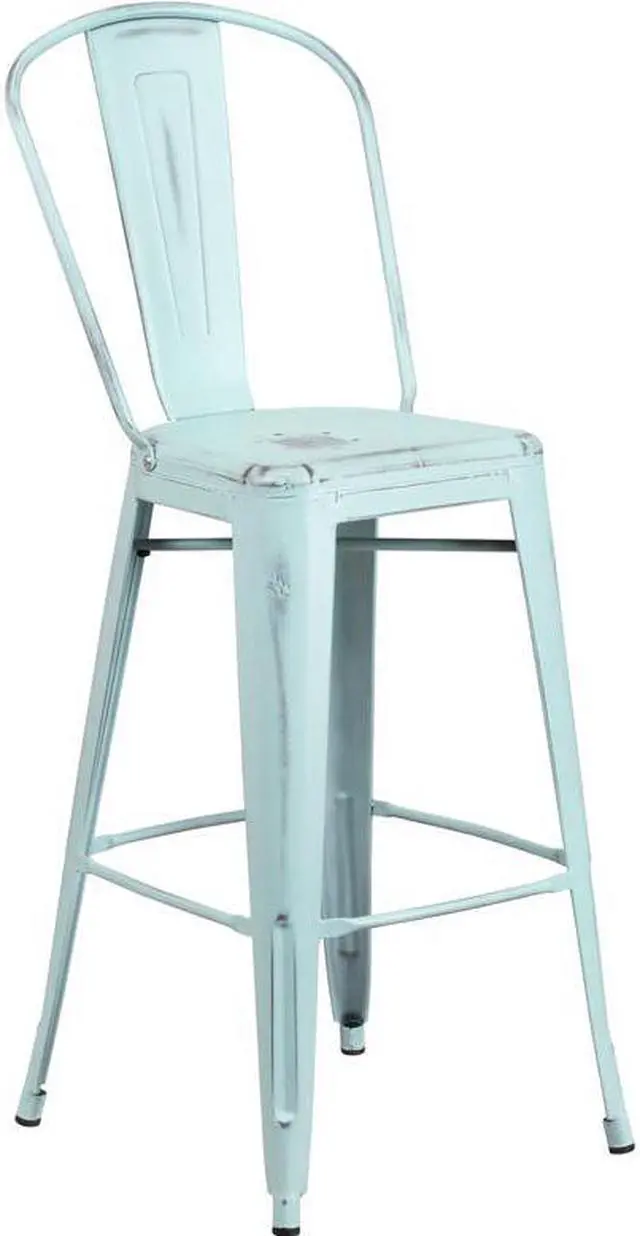 Alt view image 8 of 18 - Commercial Grade 30" High Distressed Green-Blue Metal Indoor-Outdoor Barstool with Back