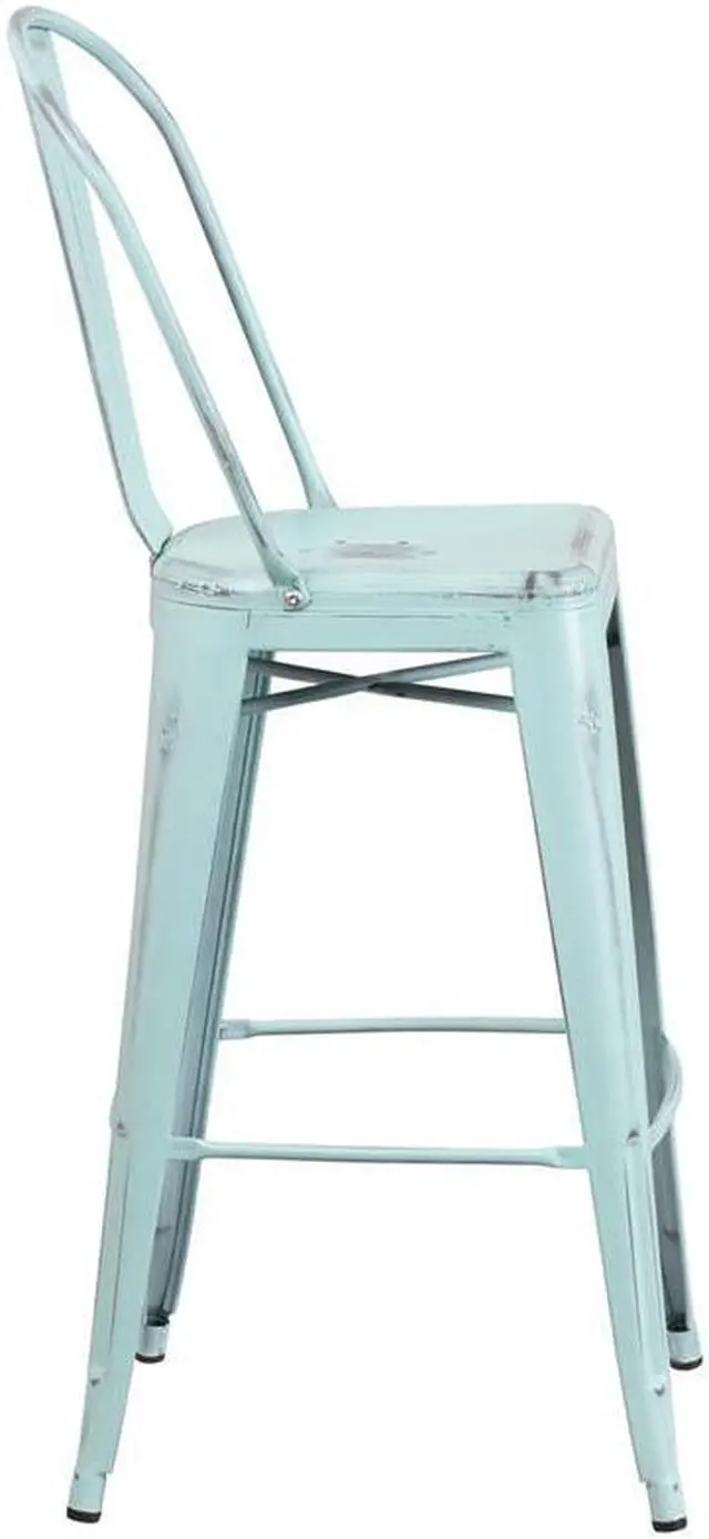 Alt view image 9 of 18 - Commercial Grade 30" High Distressed Green-Blue Metal Indoor-Outdoor Barstool with Back