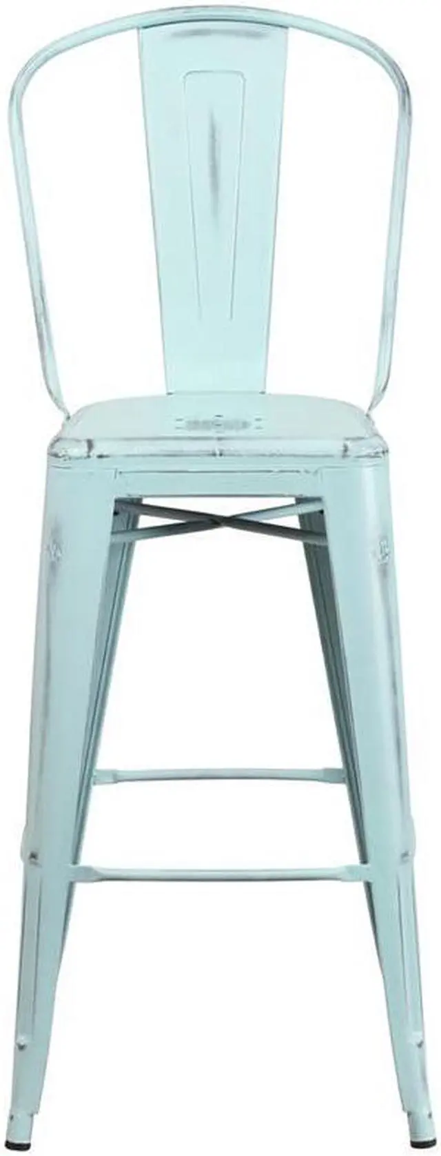 Alt view image 11 of 18 - Commercial Grade 30" High Distressed Green-Blue Metal Indoor-Outdoor Barstool with Back