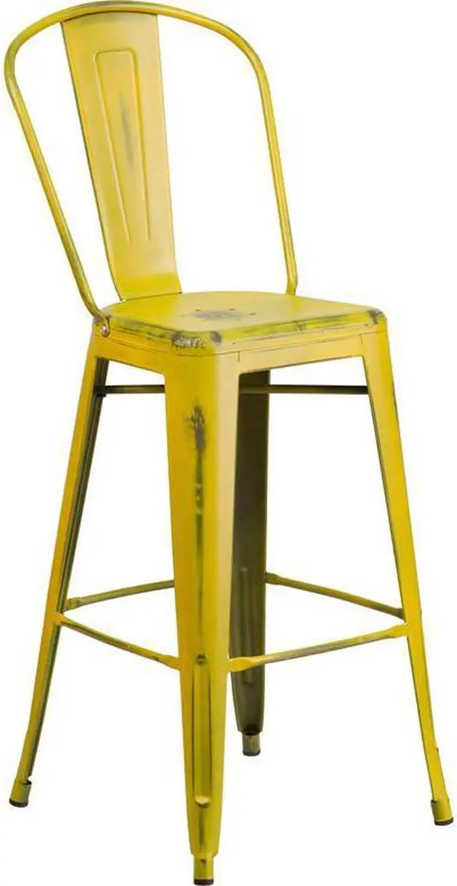 Alt view image 15 of 20 - Commercial Grade 30" High Distressed Yellow Metal Indoor-Outdoor Barstool with Back