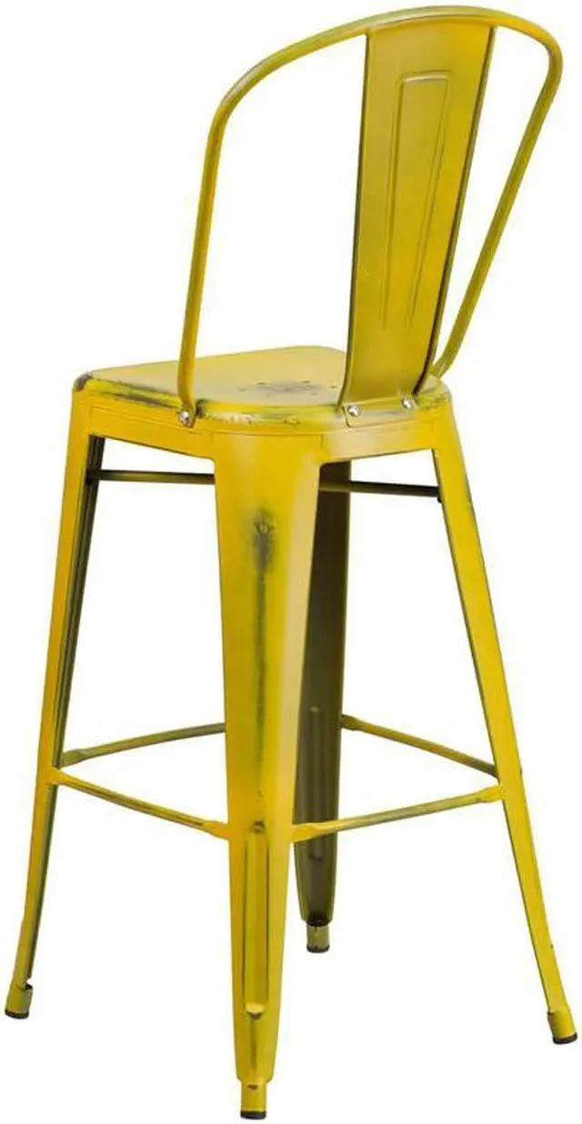 Alt view image 17 of 20 - Commercial Grade 30" High Distressed Yellow Metal Indoor-Outdoor Barstool with Back