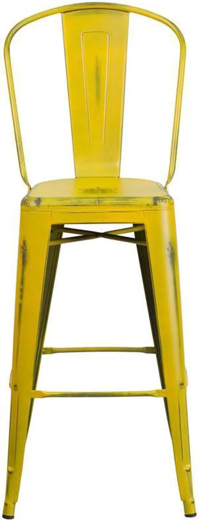 Alt view image 18 of 20 - Commercial Grade 30" High Distressed Yellow Metal Indoor-Outdoor Barstool with Back