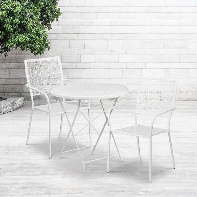 Alt view image 3 of 19 - Flash Furniture Oia Indoor-Outdoor 30" Round Steel Folding Patio Table Set with 2 Square Back Chairs White (CO30RDF02CHR2WH)