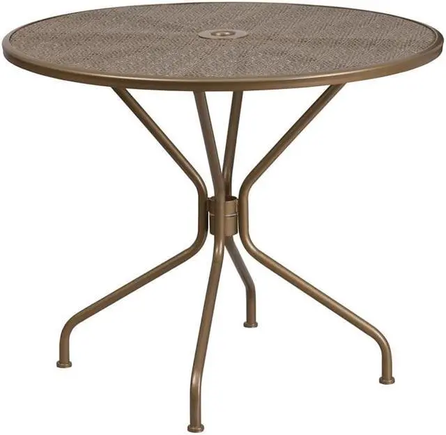Alt view image 9 of 20 - Flash Furniture Oia Commercial Grade Round Indoor-Outdoor Steel Patio Table with Umbrella Hole Gold (CO7GD)