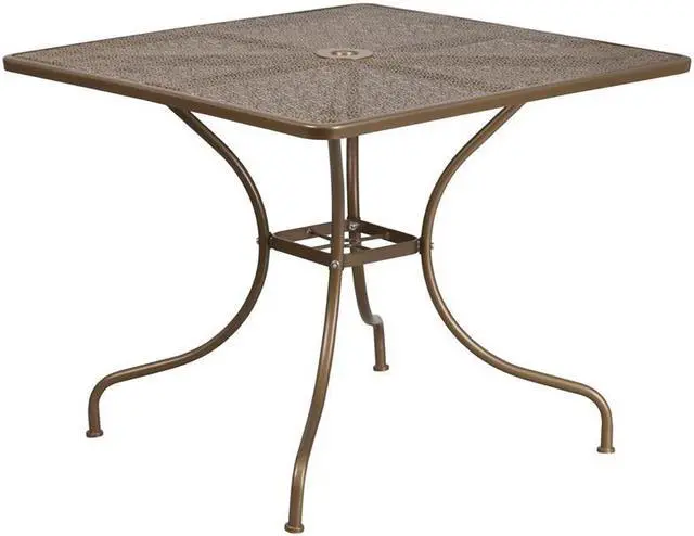 Alt view image 10 of 20 - Flash Furniture Oia Commercial Grade Square Indoor-Outdoor Steel Patio Table with Umbrella Hole Gold (CO6GD)