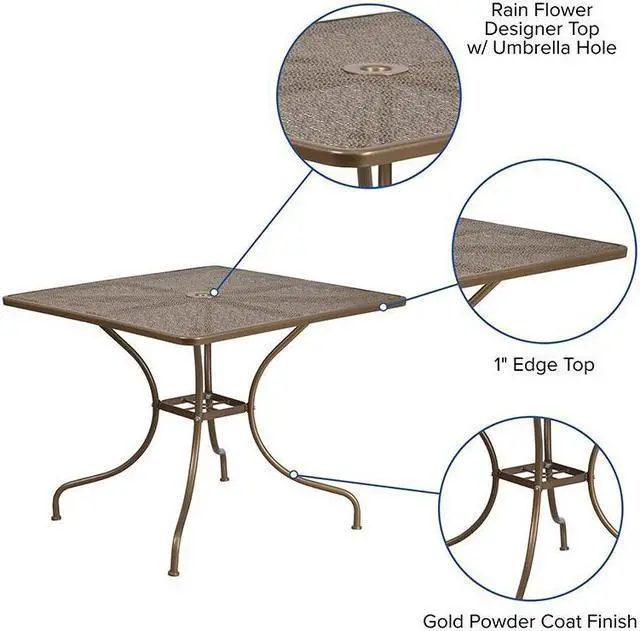 Alt view image 12 of 20 - Flash Furniture Oia Commercial Grade Square Indoor-Outdoor Steel Patio Table with Umbrella Hole Gold (CO6GD)