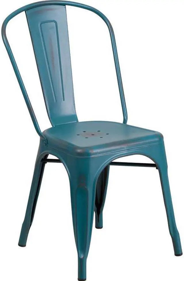 Alt view image 13 of 20 - Commercial Grade Distressed Kelly Blue-Teal Metal Indoor-Outdoor Stackable Chair