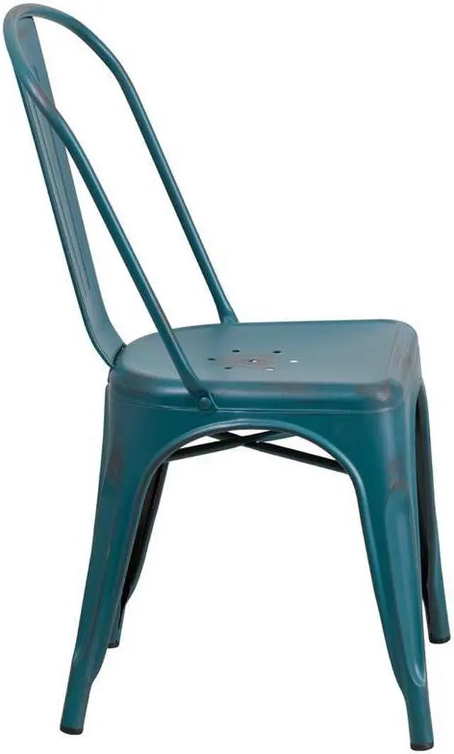 Alt view image 14 of 20 - Commercial Grade Distressed Kelly Blue-Teal Metal Indoor-Outdoor Stackable Chair