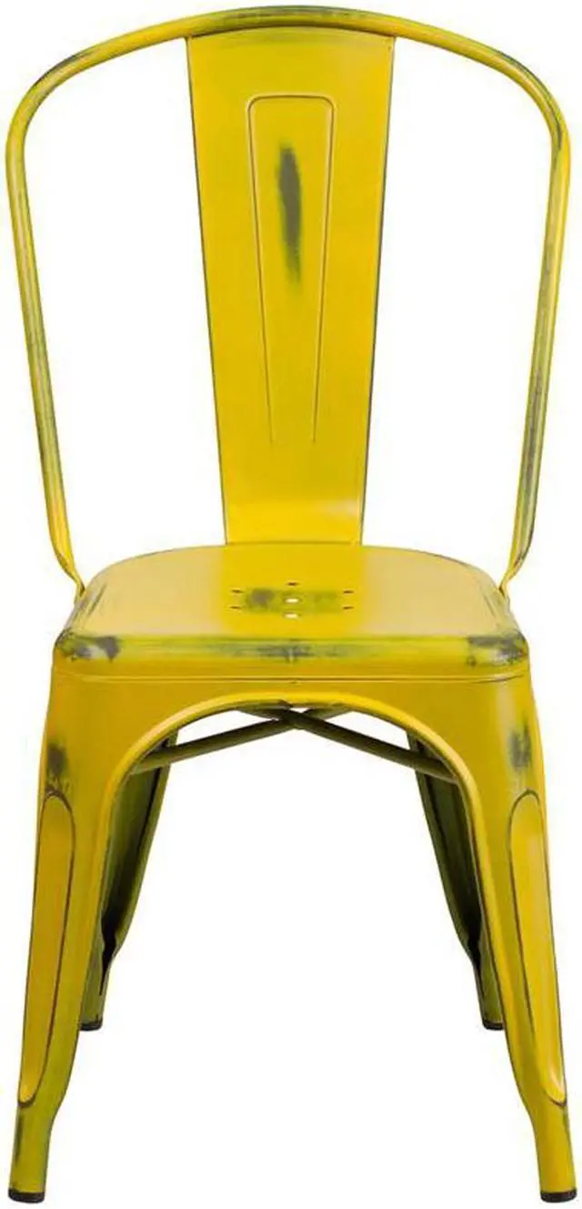 Alt view image 15 of 19 - Commercial Grade Distressed Yellow Metal Indoor-Outdoor Stackable Chair
