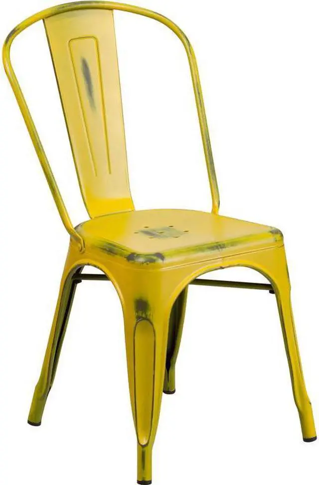 Alt view image 12 of 19 - Commercial Grade Distressed Yellow Metal Indoor-Outdoor Stackable Chair