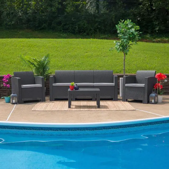 Alt view image 11 of 20 - Dark Gray Faux Rattan Sofa with All-Weather Light Gray Cushions