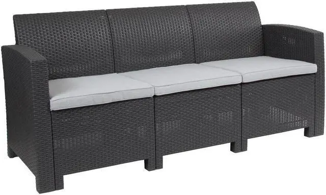 Alt view image 12 of 20 - Dark Gray Faux Rattan Sofa with All-Weather Light Gray Cushions