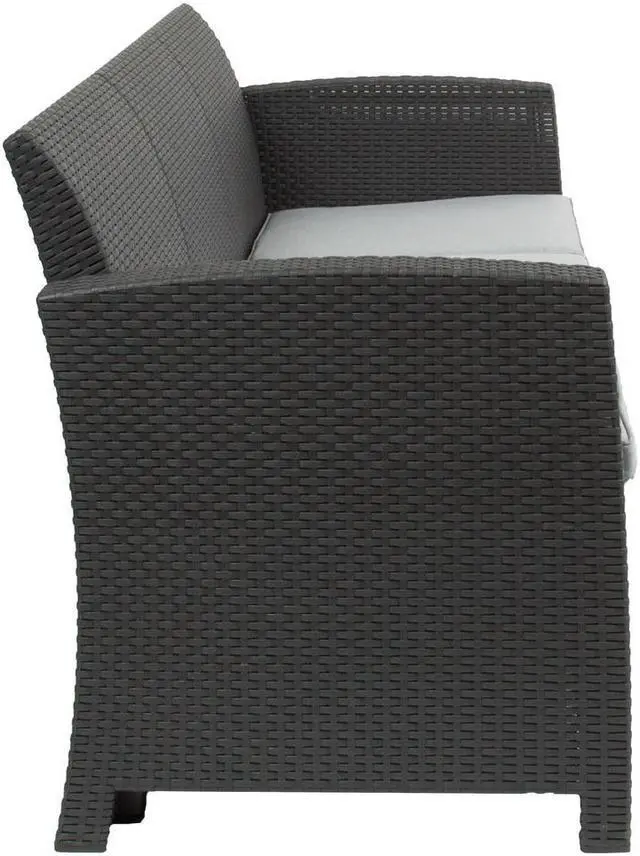 Alt view image 14 of 20 - Dark Gray Faux Rattan Sofa with All-Weather Light Gray Cushions