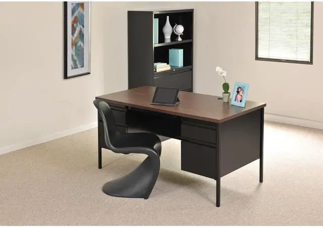 Alt view image 6 of 14 - Lorell Double Pedestal Desk 60"x30"x29-1/2" Black Walnut 60927