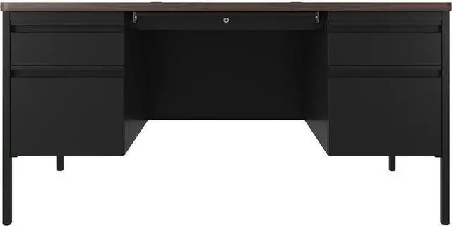 Alt view image 4 of 7 - Lorell Desk, Double-Pedestal, 60"x30"x29-1/2", Walnut/Black (LLR66941)