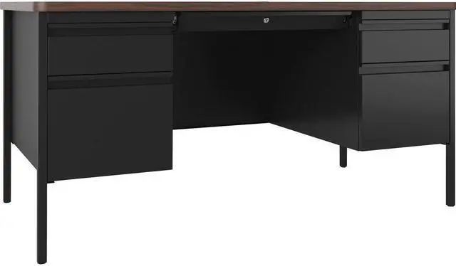 Alt view image 6 of 7 - Lorell Desk, Double-Pedestal, 60"x30"x29-1/2", Walnut/Black (LLR66941)