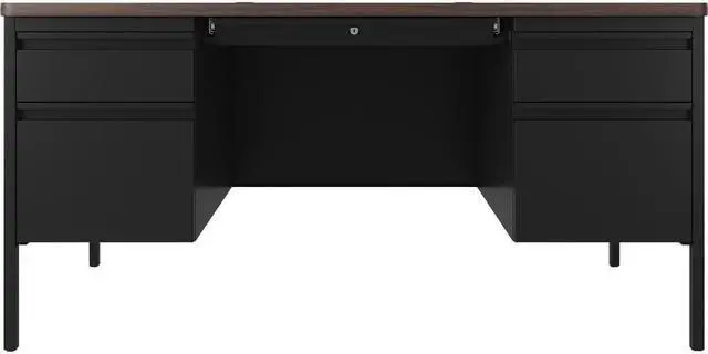 Alt view image 3 of 7 - Lorell Desk, Double-Pedestal, 60"x30"x29-1/2", Walnut/Black (LLR66941)