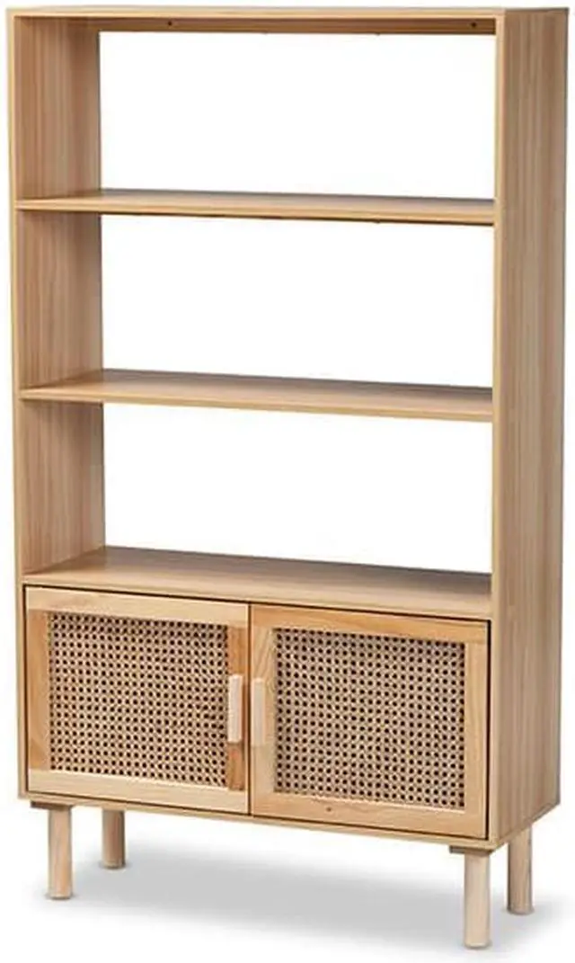 Main image of Baxton Studio Faulkner Mid-Century Modern Natural Brown Finished Wood and Rattan 2-Door Bookcase