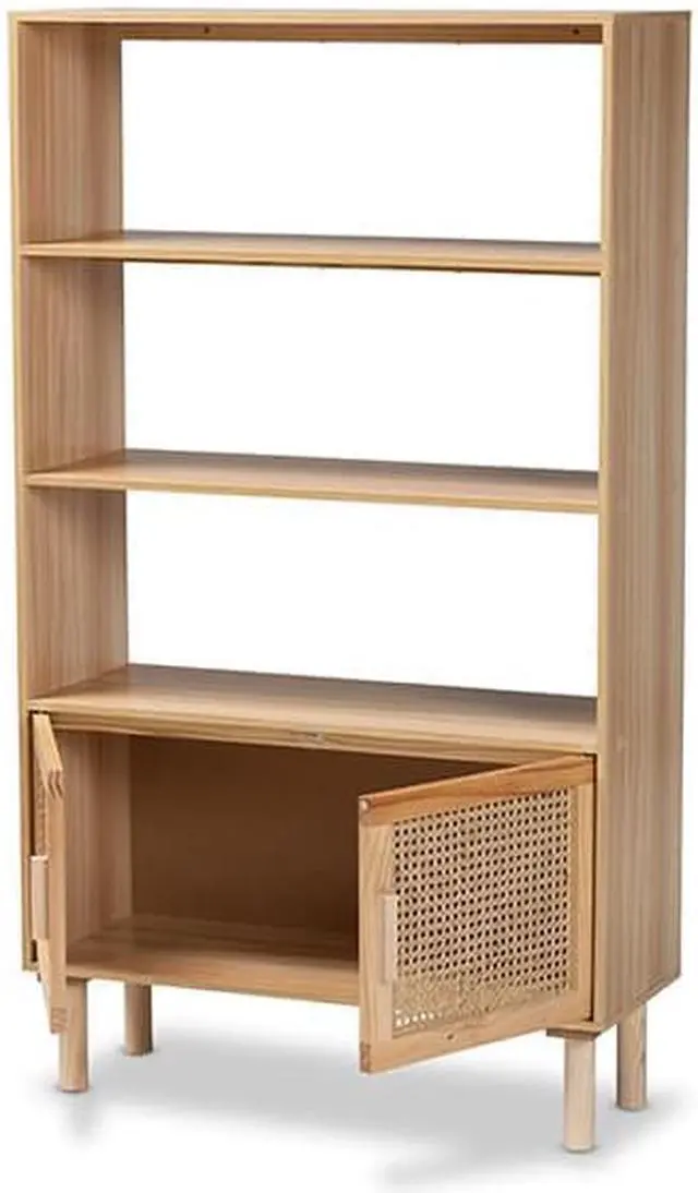 Alt view image 2 of 12 - Baxton Studio Faulkner Mid-Century Modern Natural Brown Finished Wood and Rattan 2-Door Bookcase