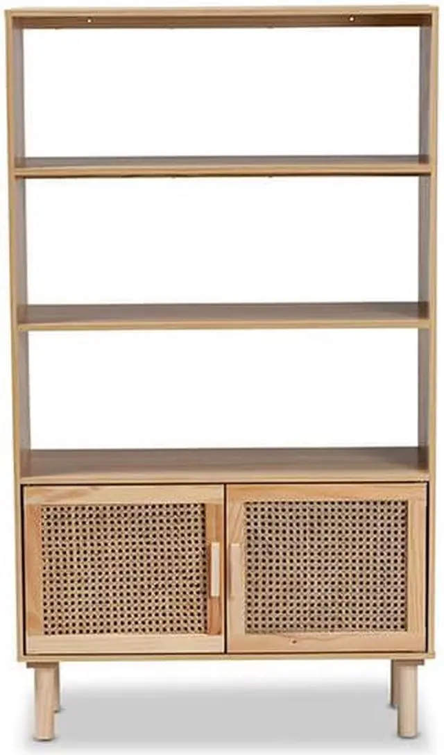 Alt view image 3 of 12 - Baxton Studio Faulkner Mid-Century Modern Natural Brown Finished Wood and Rattan 2-Door Bookcase