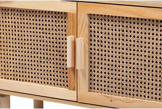 Alt view image 5 of 12 - Baxton Studio Faulkner Mid-Century Modern Natural Brown Finished Wood and Rattan 2-Door Bookcase