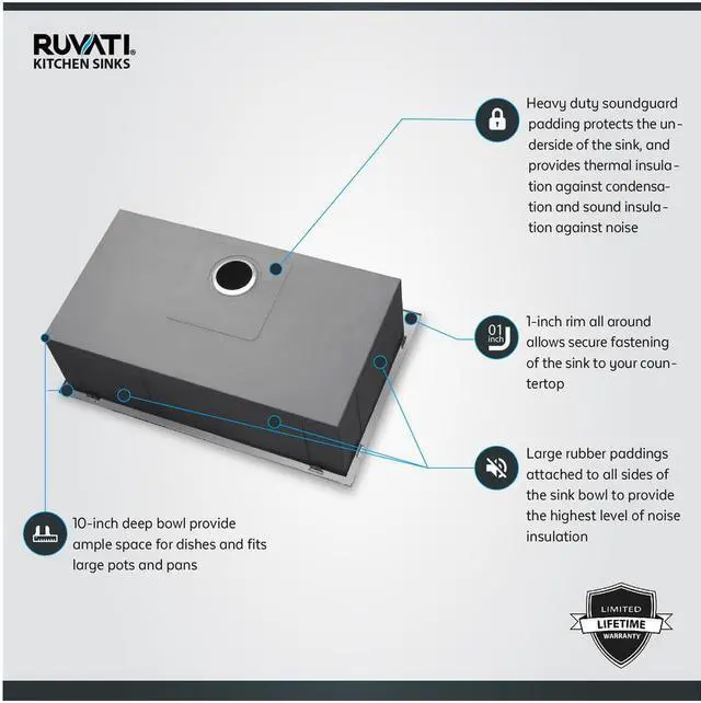 Alt view image 10 of 12 - ruvati 33 x 22 inch dropin topmount 16 gauge zeroradius stainless steel kitchen sink single bowl  rvh8001
