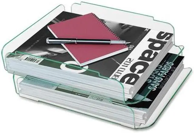 Alt view image 3 of 18 - Lorell Stacking Letter Tray 2/PK 13"x10-1/4"x2-3/4" CL/Green 80655