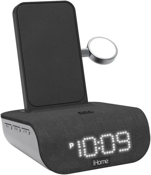 Alt view image 2 of 11 - iHome Wireless Charging Alarm Clock TimeBase Pro+ with Bluetooth/USB and Apple Watch Black Speakers and Alarm Clocks