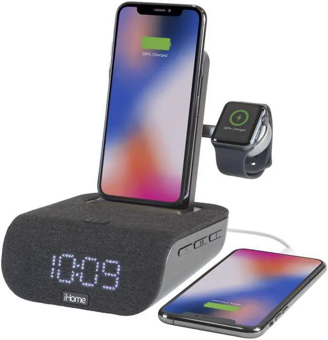Alt view image 3 of 11 - iHome Wireless Charging Alarm Clock TimeBase Pro+ with Bluetooth/USB and Apple Watch Black Speakers and Alarm Clocks