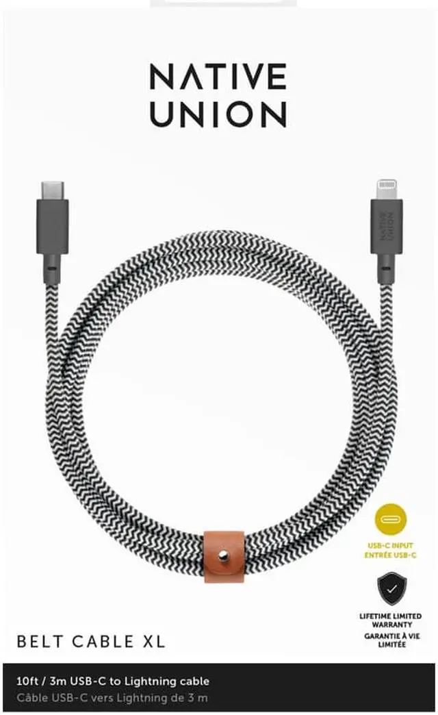 Alt view image 10 of 12 - Native Union Belt Cable XL - 10ft Ultra-Strong Reinforced Durable USB-C to Lightning [MFi Certified] Charging Cable with Leather Strap for iPhone/iPad (Zebra)