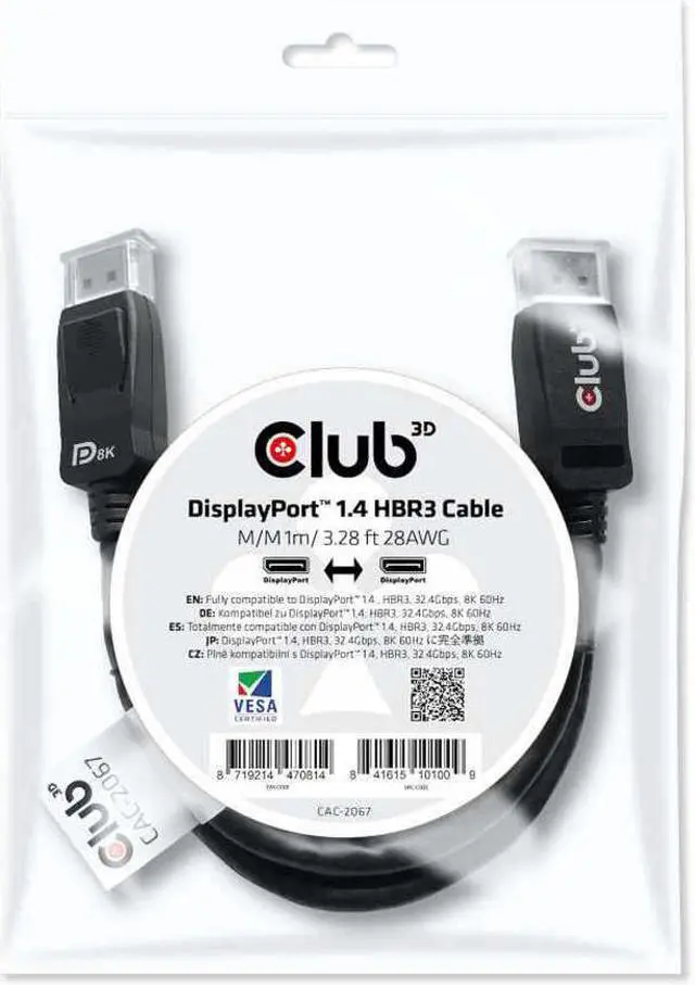Alt view image 4 of 6 - Club 3D CAC-2067 DisplayPort 1.4 HBR3 Cable 8K60Hz Male / Male 1m/3.28ft