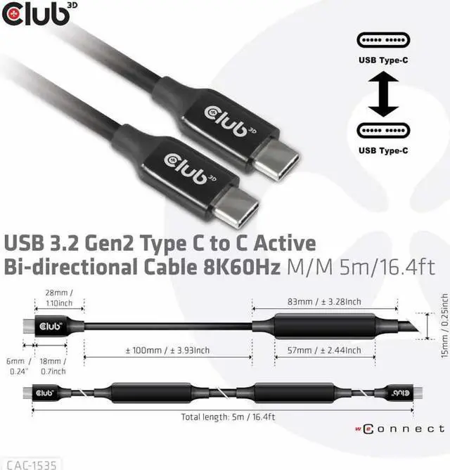 Alt view image 5 of 14 - Club3D USB-C 3.2 Gen2 to USB-C Active Bi-directional Cable 8K60Hz Male/Male 5m/16.4ft Black Adapters