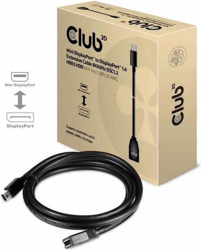 Alt view image 4 of 20 - Club3D Model CAC-1121 Mini DisplayPort to DisplayPort1.4 Extension Cable 8K60Hz DSC1.2 HBR3 HDR, M/F, 1m / 3.28 ft.