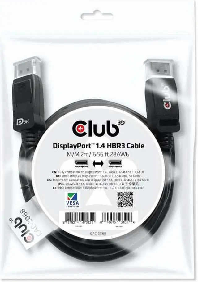 Alt view image 4 of 11 - Club 3D Displayport 1.4 Hbr3 Cable M/M 2M/6.56Ft