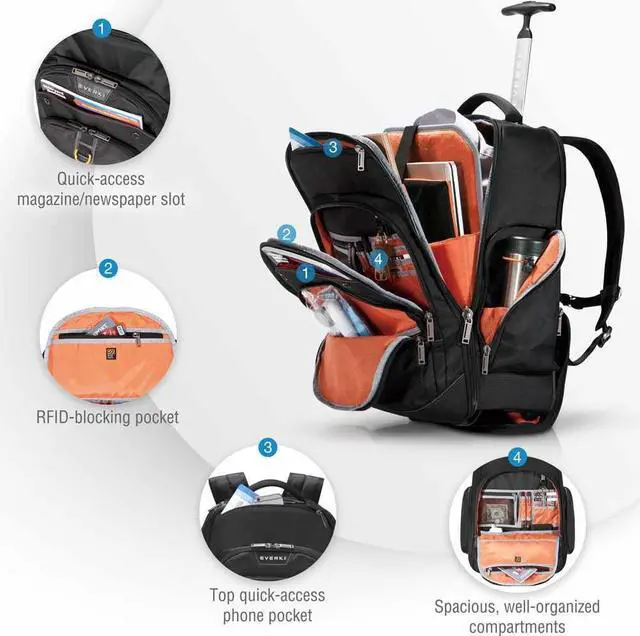 Alt view image 6 of 12 - everki atlas wheeled laptop backpack, 13-inch to 17.3-inch adjustable compartment, business professional (ekp122)