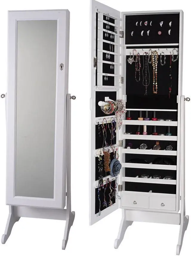 Main image of 2-Drawers Mirrored Jewelry Cabinet W/Stand Mirror Amoire Organizer Storage Box