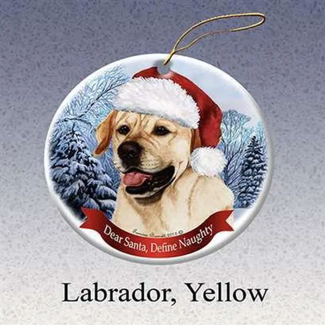 Main image of Holiday Pet Gifts Labrador (Yellow) Santa Hat Dog Porcelain Christmas Tree Ornament