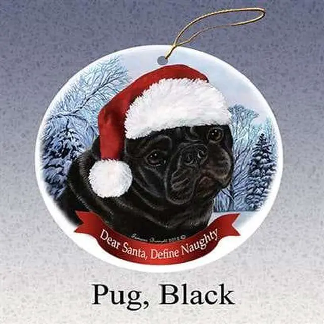 Main image of Holiday Pet Gifts Pug (Black) Santa Hat Dog Porcelain Christmas Tree Ornament