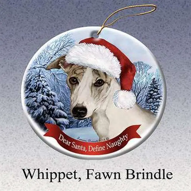 Main image of Holiday Pet Gifts Whippet (Tan) Santa Hat Dog Porcelain Christmas Tree Ornament