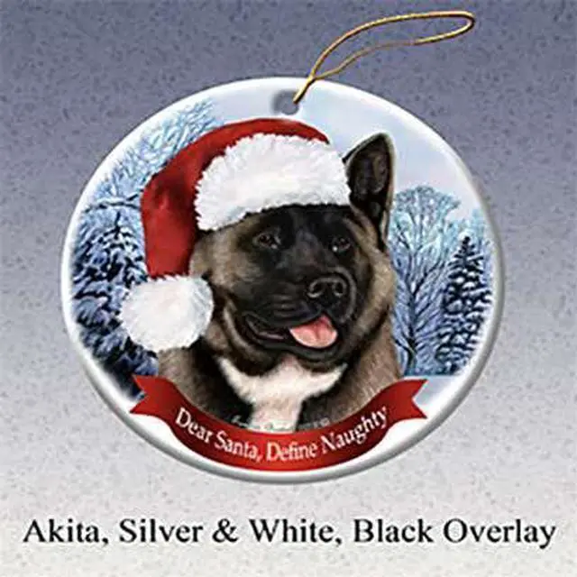 Main image of Holiday Pet Gifts Akita (Silver & Red) Santa Hat Dog Porcelain Christmas Tree Ornament