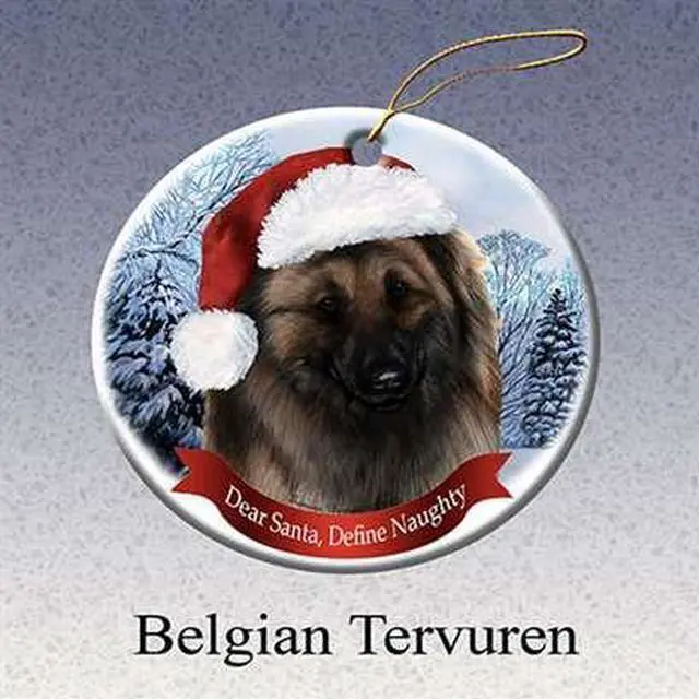Main image of Holiday Pet Gifts Belgian Tervuren Santa Hat Dog Porcelain Christmas Tree Ornament
